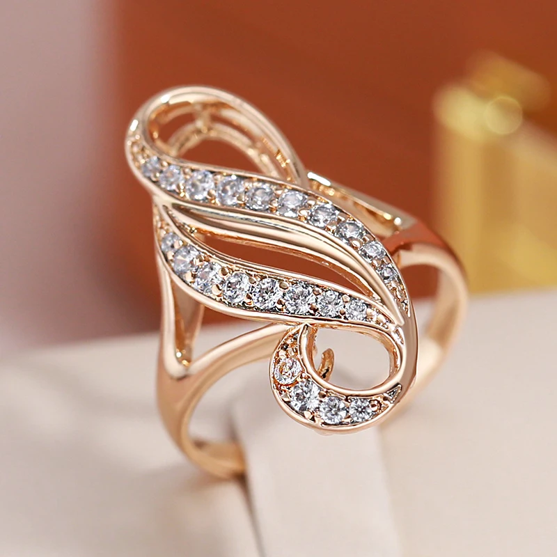 JULYDREAM Luxury Hollow Double Curve Geometric Paved Zircon Rings for Women Vintage Jewelry 585 Gold Color Elegant Accessories