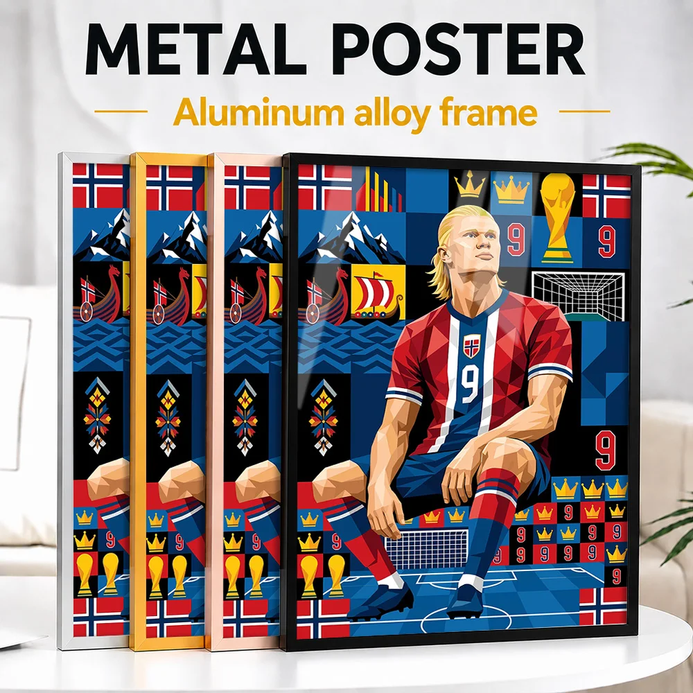 Erling Haaland Norway Soccer Framed Metal Poster Customized Illustrated Wall Art For Clubhouse Reception Area, Football Fan Gift