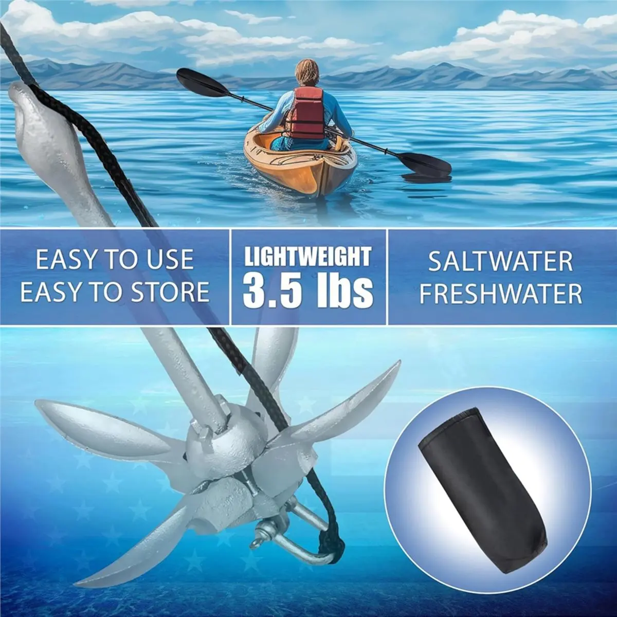 Big Discount Kayak Anchor, 3.5 Pound Anchor System Kit for Kayaks, Canoes, SUP Paddle Boards & Jet Skis, Fishing, Boating