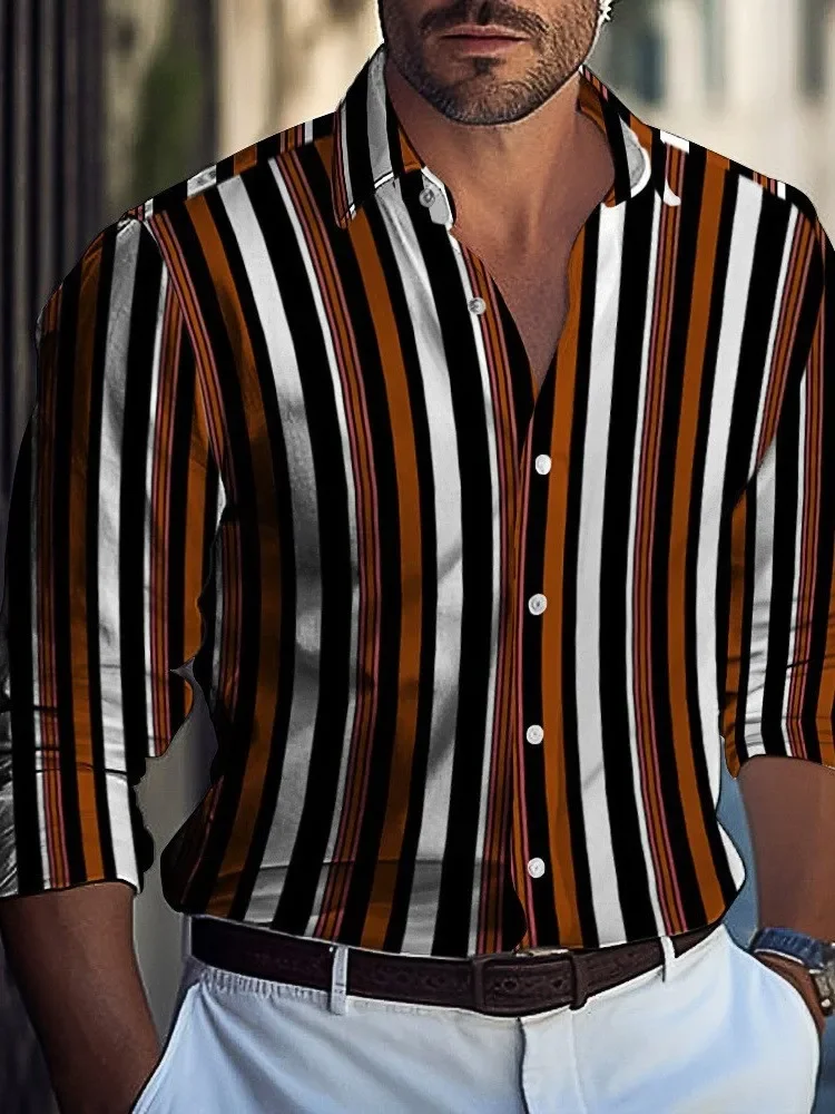 Nuova Camicia alla Moda a Righe con Colletto e Maniche Lunghe per Uomo