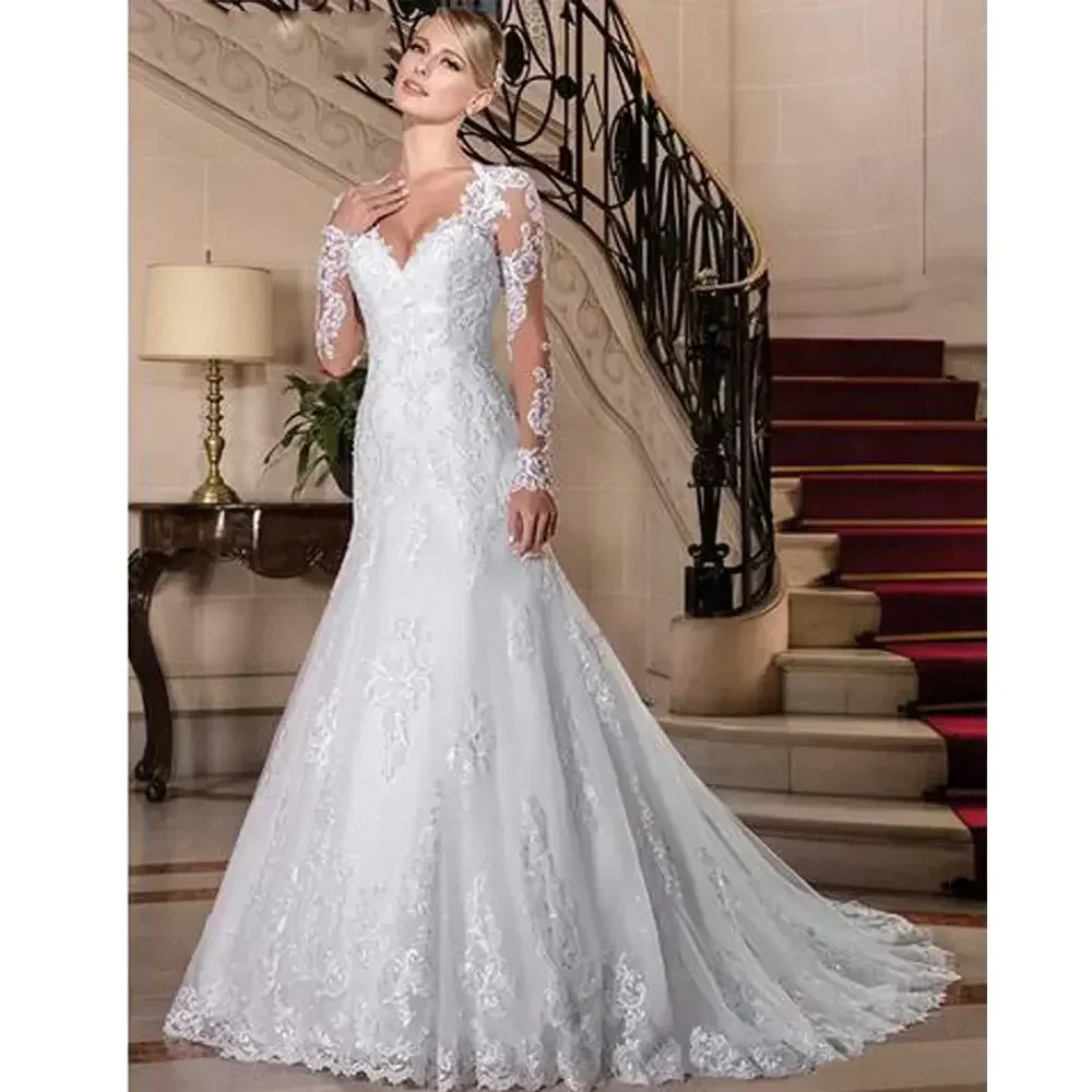 Maßgeschneiderte Brautkleider mit langen Ärmeln, bestickte Spitze, Meerjungfrau-Applikationen, weiße Brautkleider, Europa, neu
