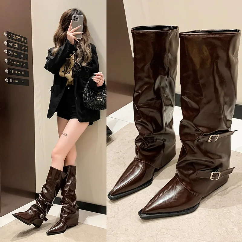 

Knee-high Square Heel Modern Boots Winter Slip-on Ladies Shoes on Sale 2024 High Quality Pointed Toe Low Heel Punk Women's Boots