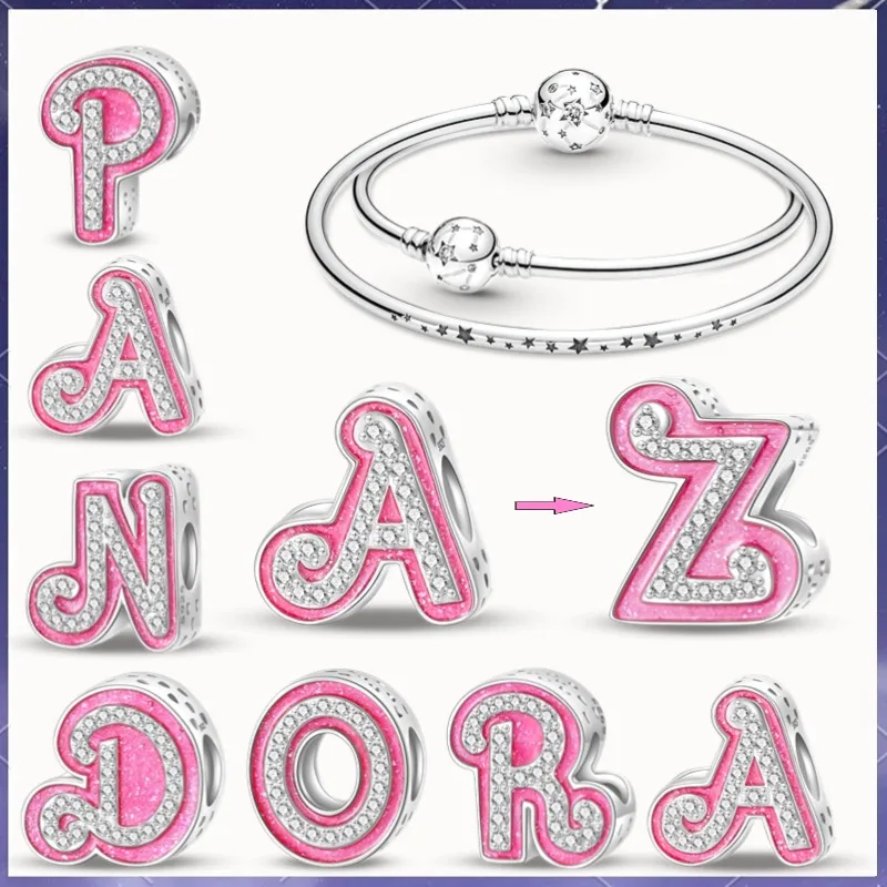 2024 New 925 Silver Barbie Pink Series Letter Beads Suitable for P Andora Bracelet Jewelry Women's Gift