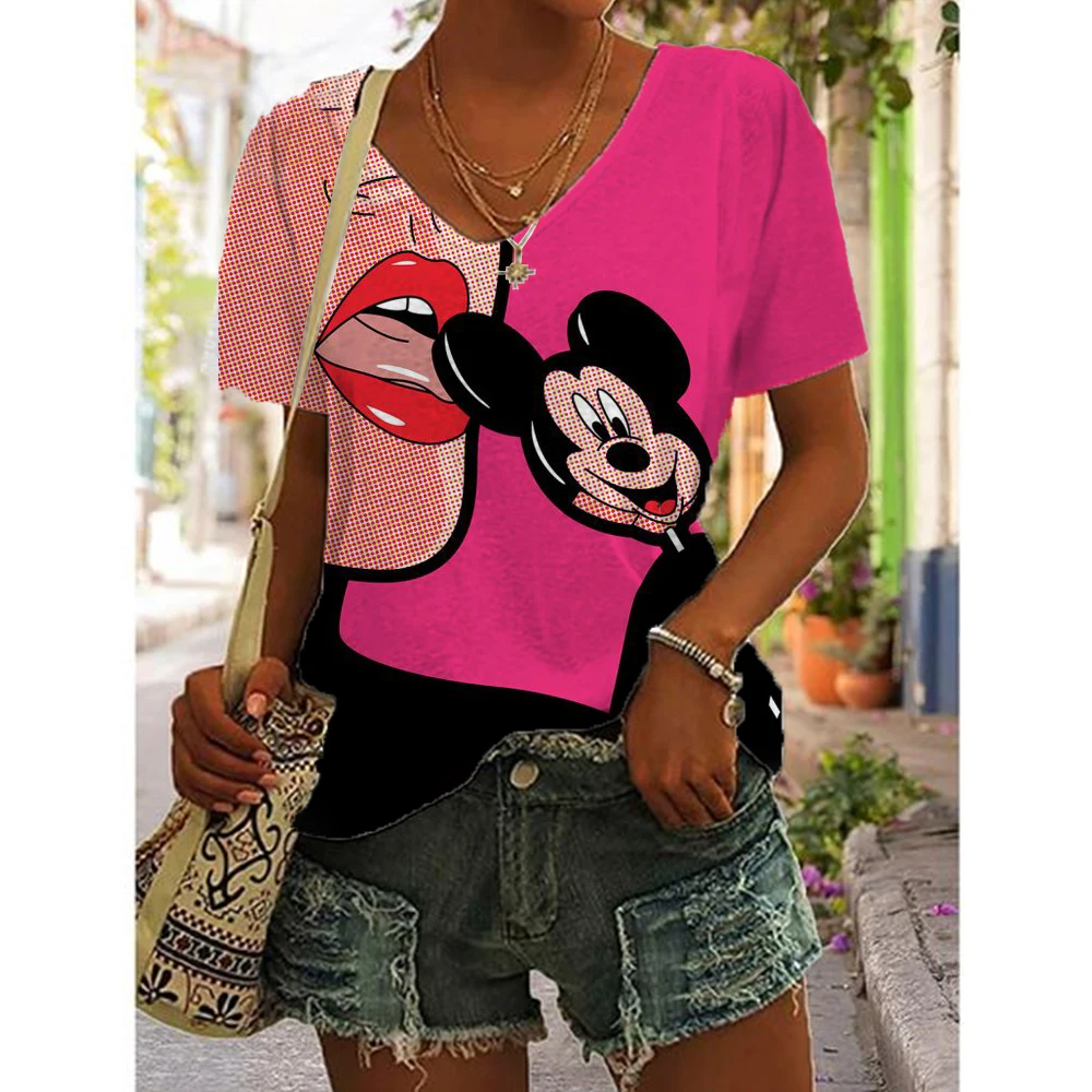 

Fashionable Women's Sexy Lips 2024 T-shirt Women's Mickey Mouse Print V-neck T-shirt Women's Extra Large Summer Top T-shirt