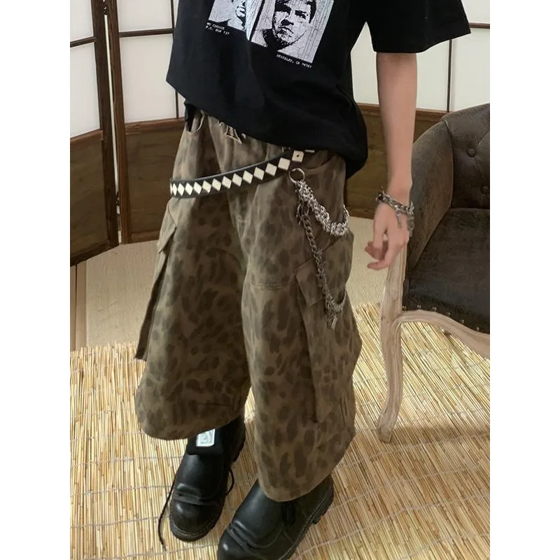 Fashion Leopard Print Cargo Shorts 2024 Casual High Waisted Baggy Wide Leg Pants Trendy Loose Unisex Punk Streetwear Trousers