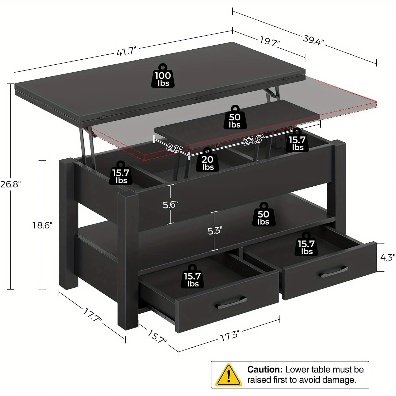 Lift Top Coffee Table, Versatile Convertible Table with Storage Drawers And Concealed Space, for Living Room Or Home Office