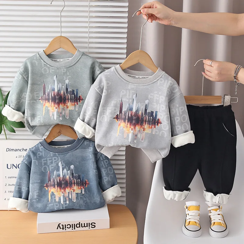 

Комплекты плотной одежды для мальчиков, зимние детские хлопковые бархатные толстовки, брюки, повседневный костюм из 2 предметов для малышей, теплые спортивные костюмы, детская одежда 5