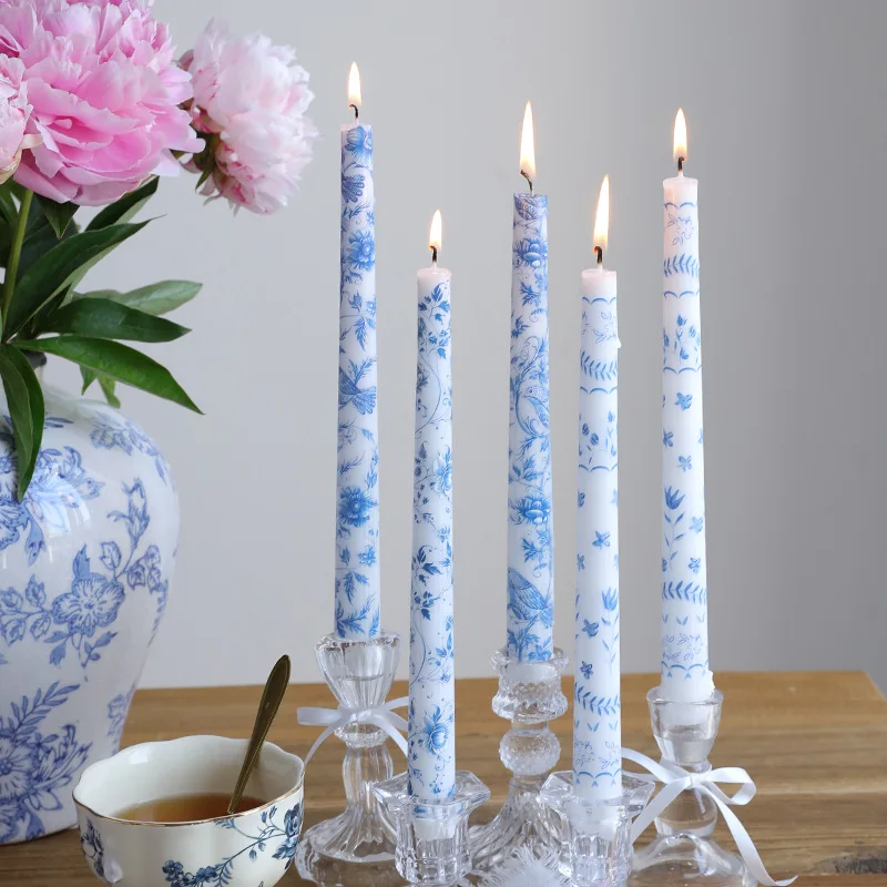 25CM Chinese Romantic Dinner Candle Wedding Festival Smoke Free Candle Blue and White Pattern Candles Wholesale
