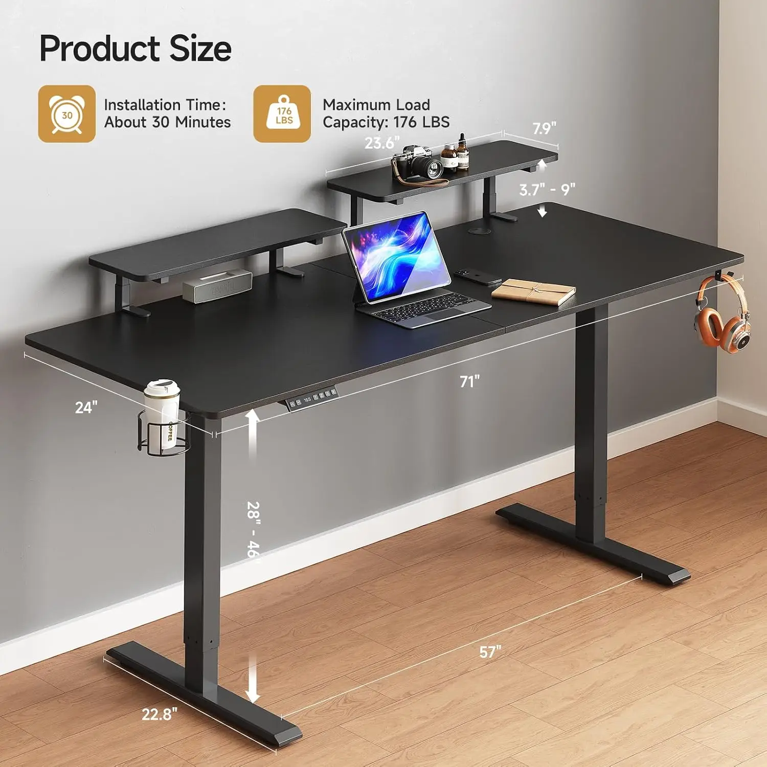 Electric Standing Desk With Dual Monitor Shelves, 71x24 Inch Memory Height Control 28-46 Inch Workstation, Customized