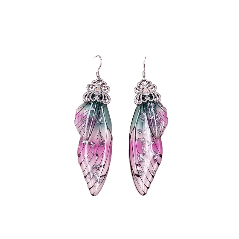 

Fashion Handmade Femme Wing Drop Earrings Gold Color Fairy Tale Cicada Wings Earrings Rhinestone Purple Earrings Vintage Jewelry