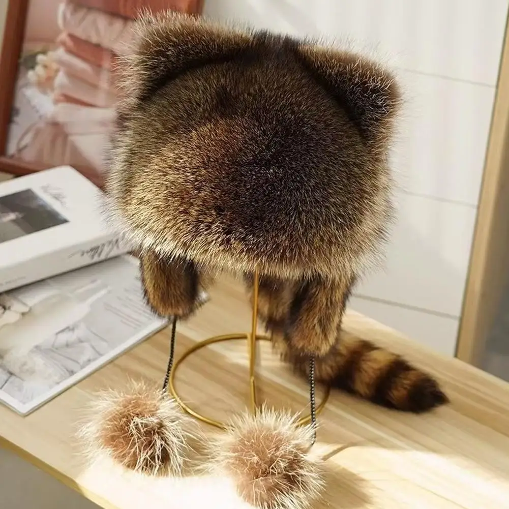 Plüsch Waschbär Pelzmütze Schwanz Frauen natürliche Waschbär Pelzmützen Hüte für Erwachsene/Kinder Winter dicke warme Ohren Mode warme Mütze – Detail 5