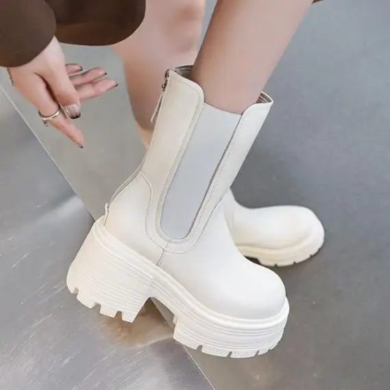 9cm Winter Warm  Round-toe Thick-soled Chelsea Boots 2025 Spring Autumn New British-style Thick-heeled Slim Chimney Boots