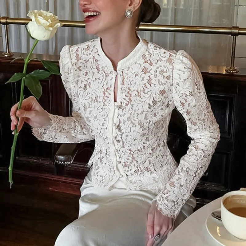 

Tuularose White Lace Blouse Women Fashion Lace-Up See-Through Lace Patchwork Puff Sleeve Top Commuter Chic Elegant Female Shirt