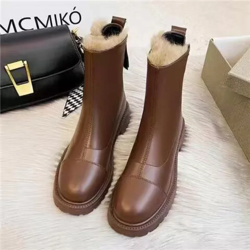 

Fashion Leather Snow Boots for Women Waterproof Warm Plush Woman High-top Boots Punk Style Elegant Comfort Womens Cotton Booties