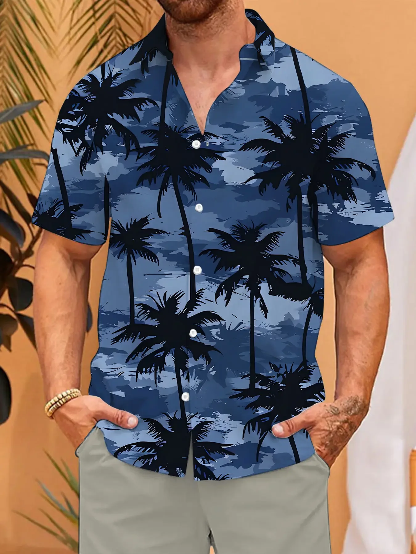 Men's Blue Tone Palm Tree Print Shirts Casual Short Sleeve Hawaiian Shirt with Tropical Coconut Tree Print for Vacation