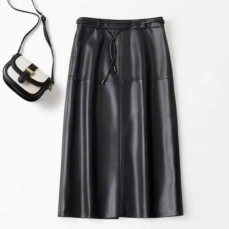 Autumn and winter new slim and versatile mid to long leather skirt women  high waist including buttocks and half body skirt