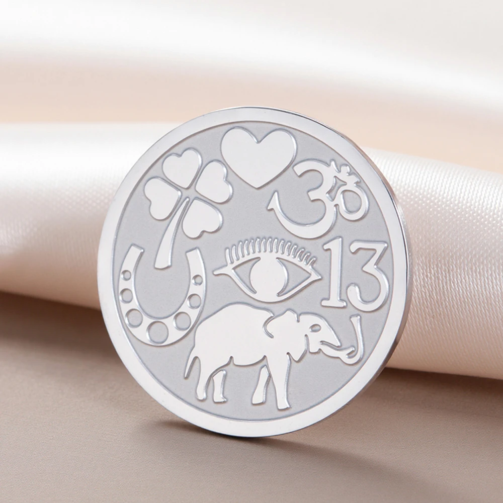 Dawapara Good Luck Symbols Brooch Elephant Clover Hoeseshoes Evil Eye Religious Spiritual Amulet Stainless Steel Lapel Pins