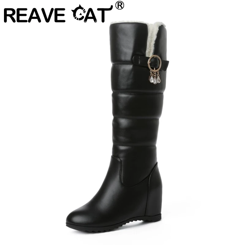 REAVE CAT Ladies Wedge Heel Knee Boots Slip On Hidden Heel Big Size 44 Party Plush Black F1290