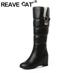 REAVE CAT-Botas de tacón de cuña para mujer, botines hasta la rodilla con tacón oculto, a prueba de agua, talla grande 44, de felpa cálida para fiesta, color negro, invierno, F1290