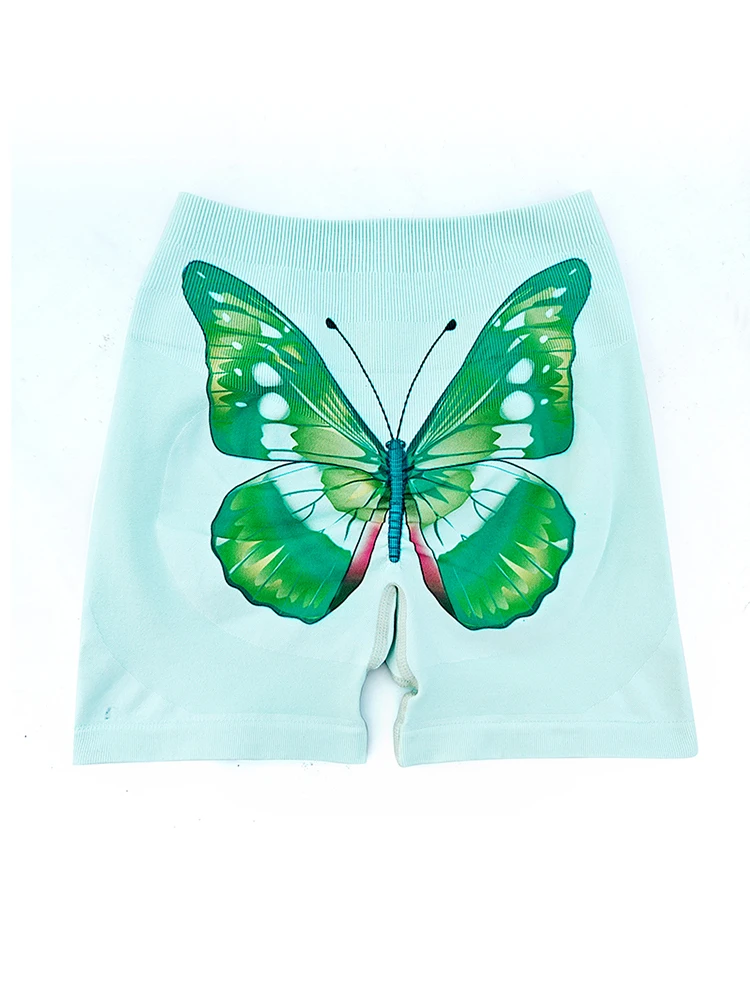 Summer Butterfly Print Women's Sports Shorts High Waist Fitness Knitted Bottoms Short Pants