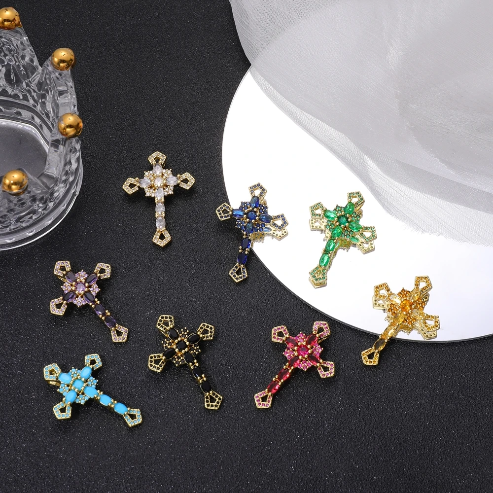 Juya DIY religiösen Schmuck liefert handgemachte bunte Zirkonia 18 Karat echt vergoldet Saint Christian Cross Charms Großhandel – Detail 3