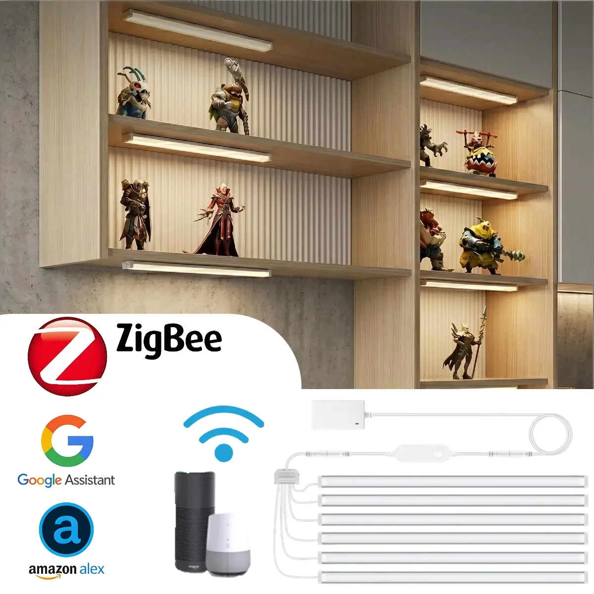 Zigbee Smart Under Cabinet Lights, Dimmable LED Bar with Alexa Google Home Voice Control, Tuya App Remote for Cabinet Display