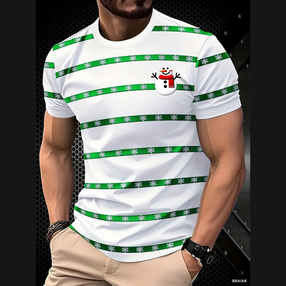 Summer Classic Men's T-shirt Christmas Elements Printed Loose Tops Outdoor O-neck Short Sleeve Tops Oversized X'mas Men Clothing