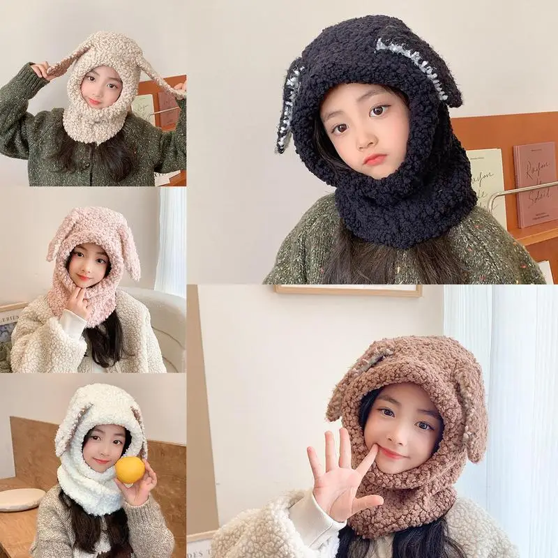 Fluffy Rabbit Ear Hooded Scarf Cute Bunny Beanie Hat Scarf Set Polar Fleece Hat Winter Ear Neck Head Warmer Gift For Women Girls