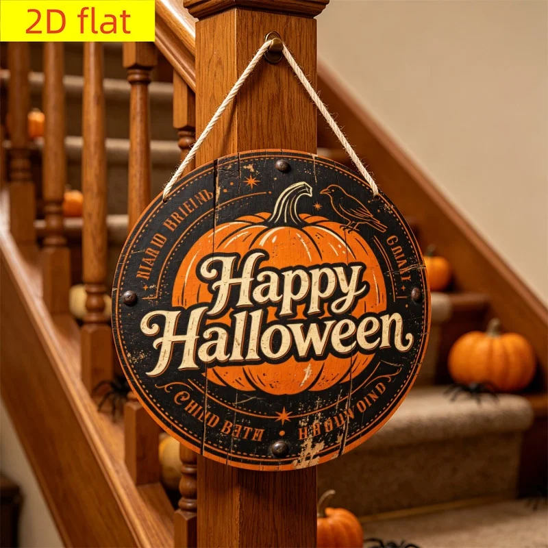 2D Flat, 1pc 2D Printed Wooden Round Hanging Sign, Suitable for Front Door Wall Hanging, Perfect for Halloween, Christmas, Thank