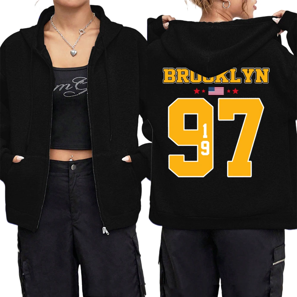 بروكلين الولايات المتحدة الأمريكية 1997 الطباعة المرأة سستة معاطف الشتاء الصوف جيب هوديس الدافئة مقنعين ملابس خارجية الحرارية طويلة الأكمام الملابس #1