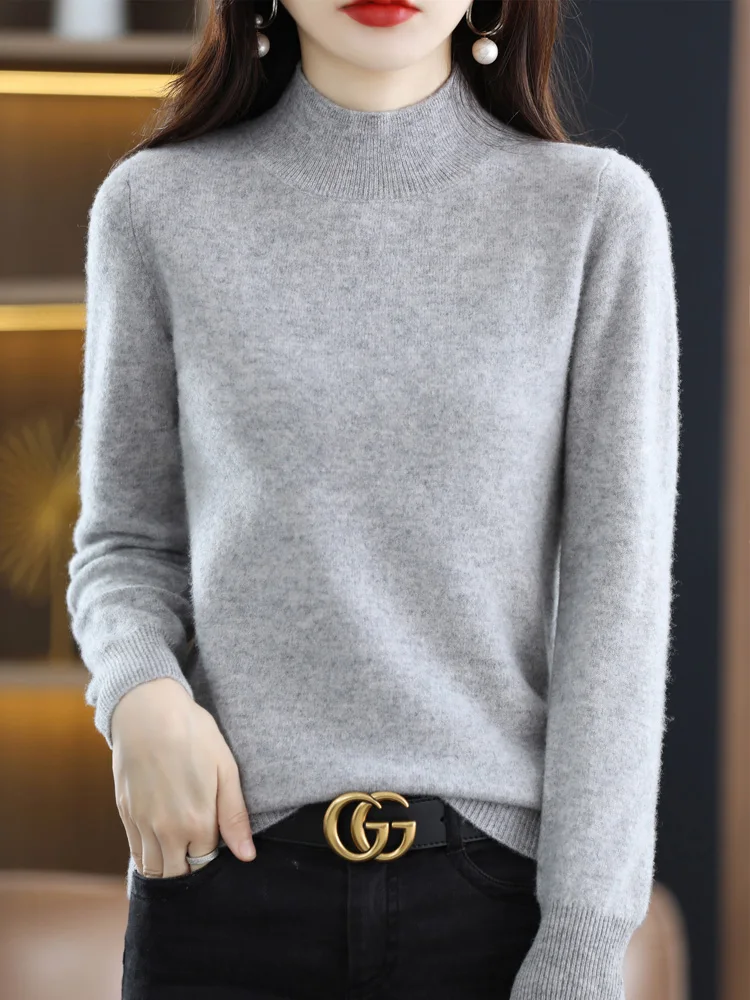 RONGYI 100%Pure Wool Half-neck Pullover Autumn /Winter Cashmere Sweater Woman Casual Knitted Tops Female Jacket 19 Colors S-XXXL