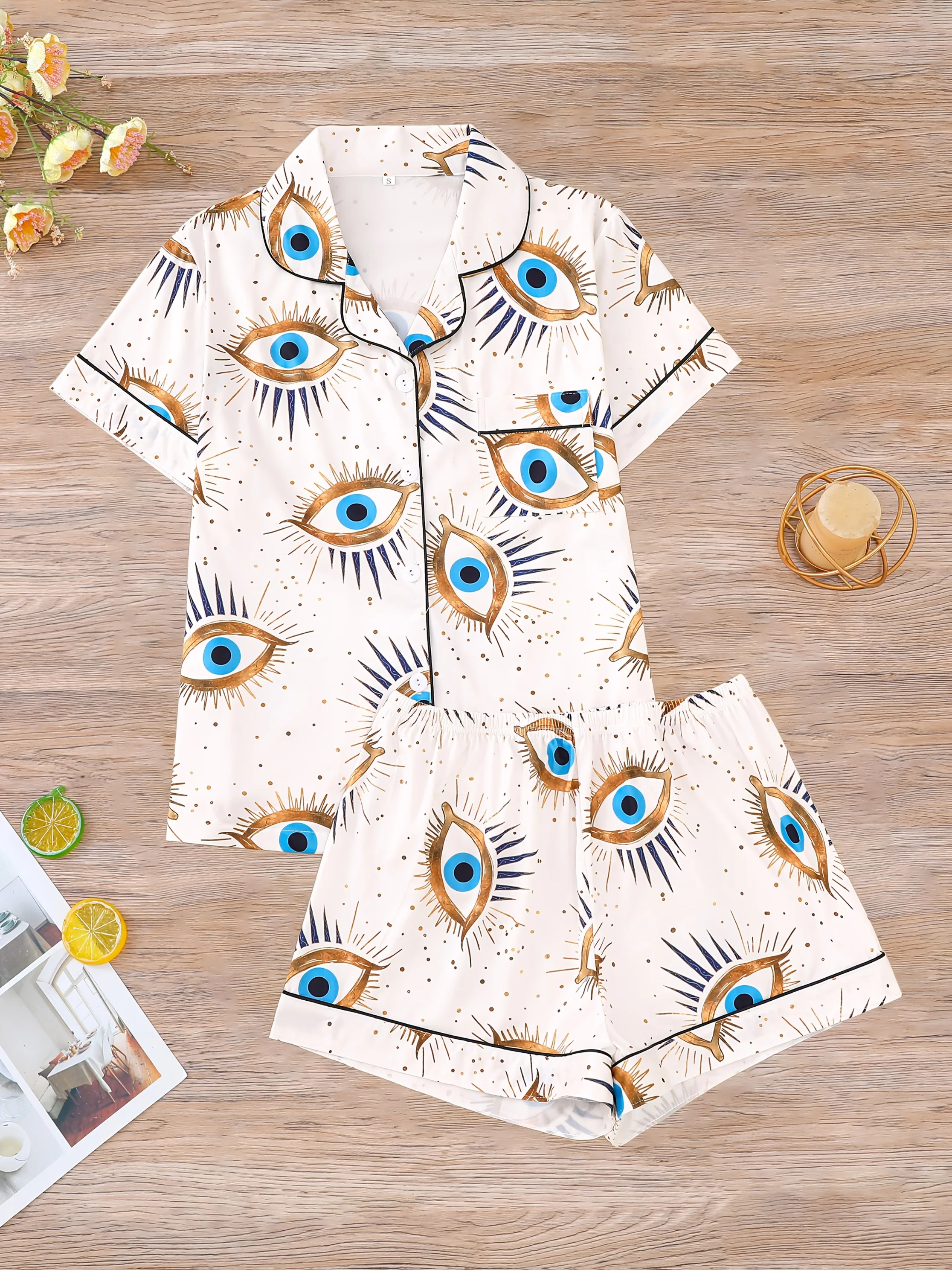 

2-piece women's pajama set with ethnic print lapel short-sleeved comfortable top and stretchy shorts casual loungewear