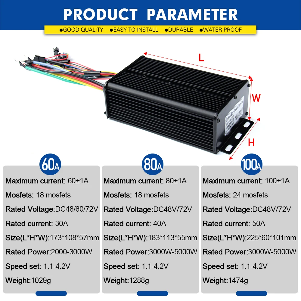 Ebike Three-Mode Sine Wave Brushless Motor Controller 48V72V 60A 80A 100A with Lock&Key Twist Throttle For Electric Scooter Bike