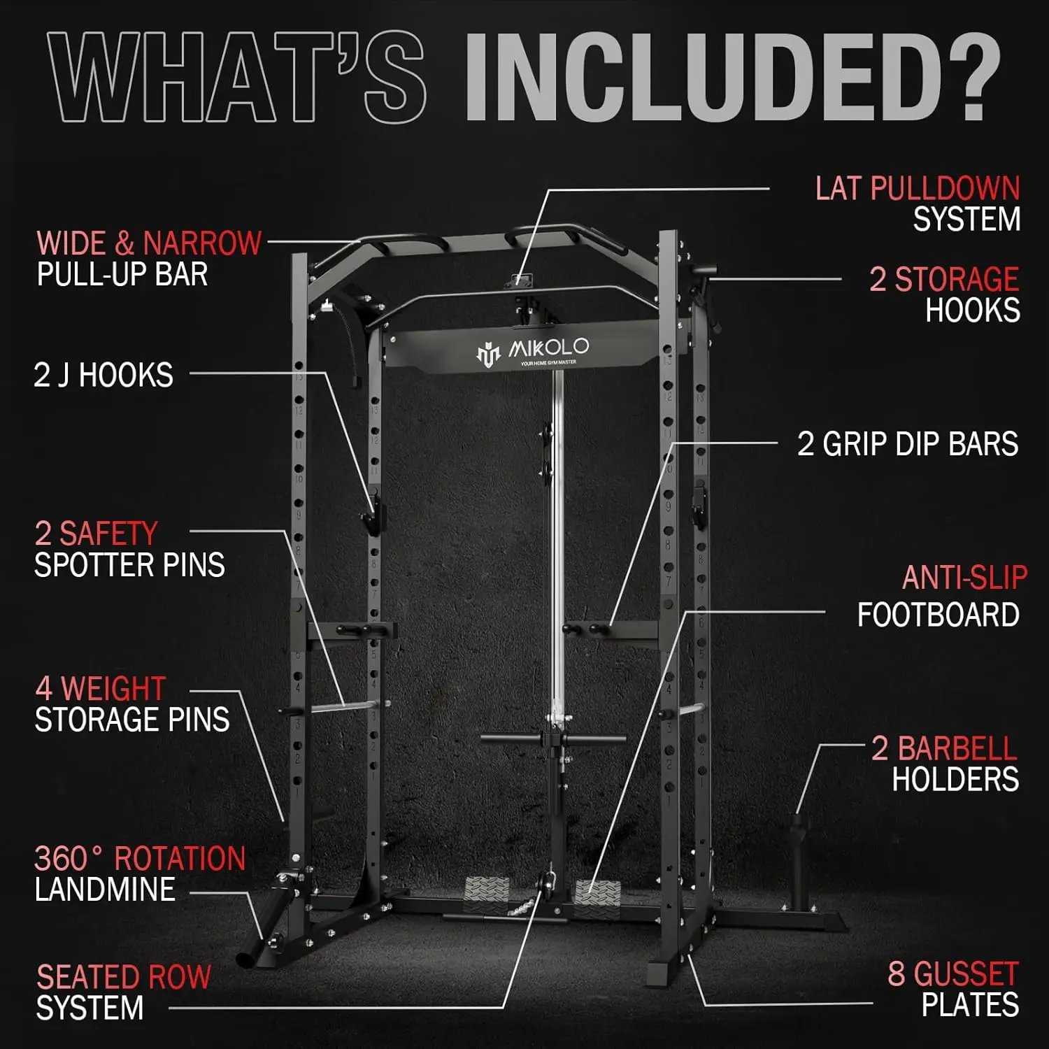 Mikolo Power Cage, Power Rack with LAT Pulldown, 1200 Pounds Capacity Workout Cage with More Training Attachments, Squat