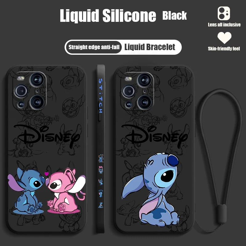 Lilo & Stitch Disney For OPPO Find X6 X5 X3 X2 Pro Lite Neo Liquid Left Rope Silicone TPU Fundas Cover Phone Case