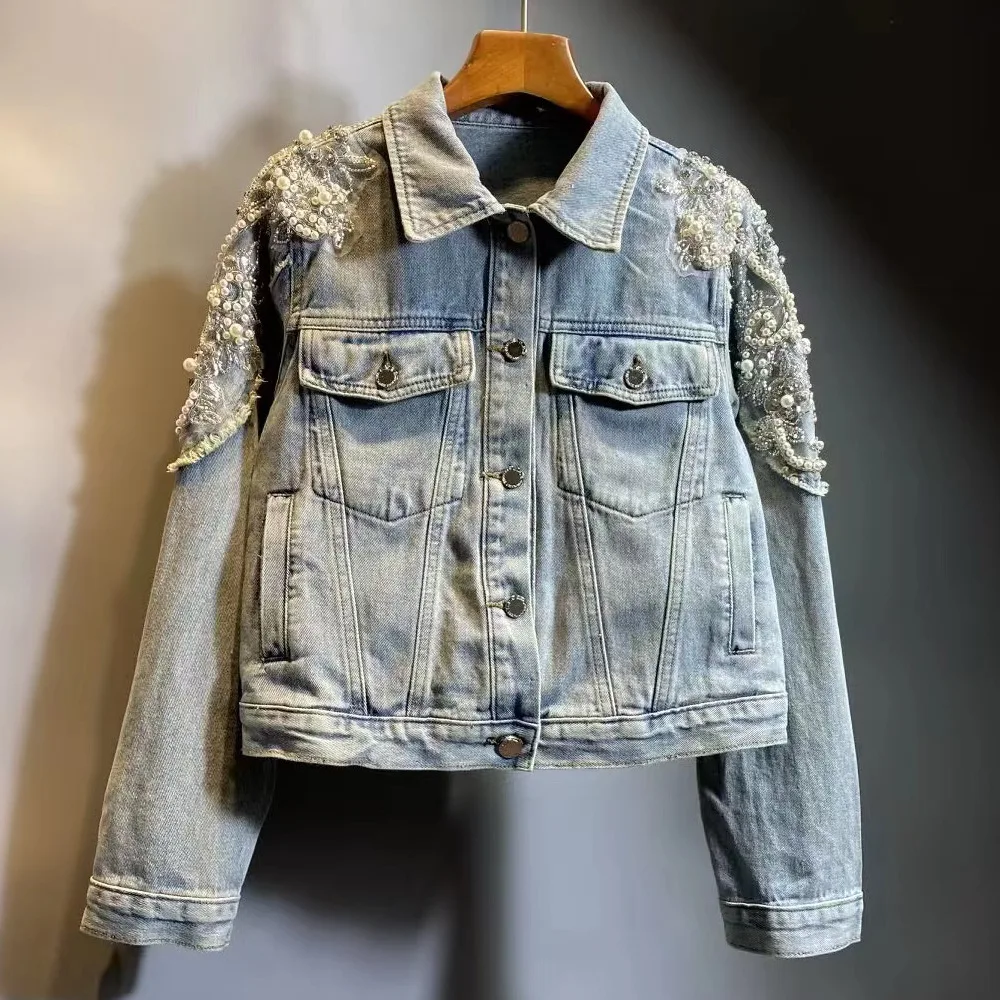 

2023 Spring Autumn Korean Heavy Beads Rhinestone Fashion All-Match Long Sleeve Jean Jacket Cropped Denim Jacket Coat for Women