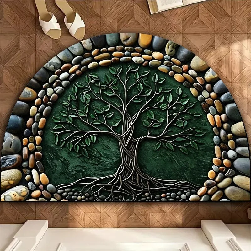 VIKAMA Semicircle Tree of Life Doormat Pebble Border Anti-Slip Boho Absorbent Entrance Rug Indoor Front Door Floor Mat Home