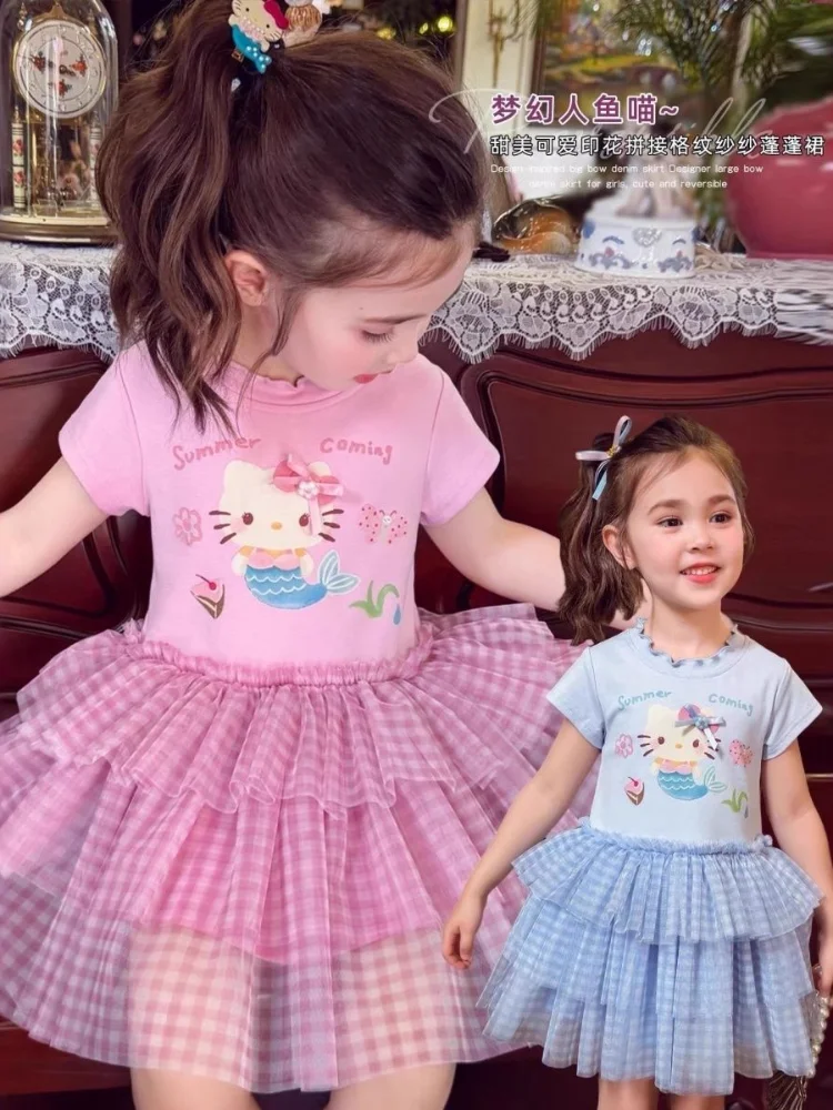 

Sanrio Hello Kitty Girls Short Sleeve Dress Printed Puffy Princess Skirt Soft Material Summer Children's Clothing A-Line Skirt