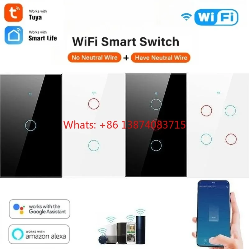 Smart Wifi Touch Switch No Neutral Wire Required Smart Home 1/2/3 Gang Light Switch 100-240V Works with Alexa Hey Google
