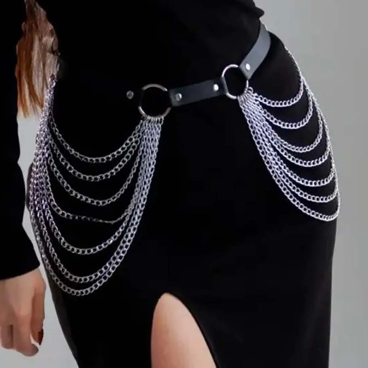 Women Gothic Chain PU Waist Harness Belt, Fashion Body Layering Jewelry For Festival Street Styling