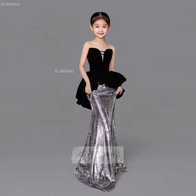 Kids Black Mermaid Tail Party Dress Birthday Pageant  Model Show Evening Formal Clothes Gown for Piano Children Performance Host