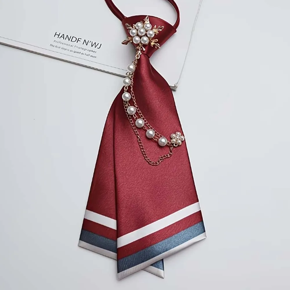 No-Sew Design Beaded Floral Necktie Pearl Chain Decoration Satin Material JK Uniform Tie Double Layer Double Layer Necktie