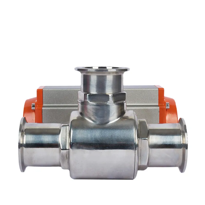 38mm 304 Stainless Steel Sanitary Pneumatic Ball Valve 3 Way Tri Clamp Ferrule Type Ball Valves With Double Acting Cylinder