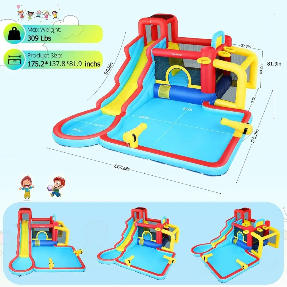 Water Slide Bounce House with Blower, Kids Iatable Water Slide Park Indoor Outdoor Fun Wet Dry Combo Bouncy House Castle w/Splas