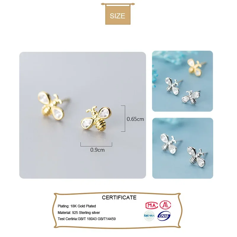 Trustdavis, moda auténtica, Plata de Ley 925, pequeño Animal, abeja, deslumbrante pendiente de tuerca CZ para mujer, joyería fina Brincos DS2345