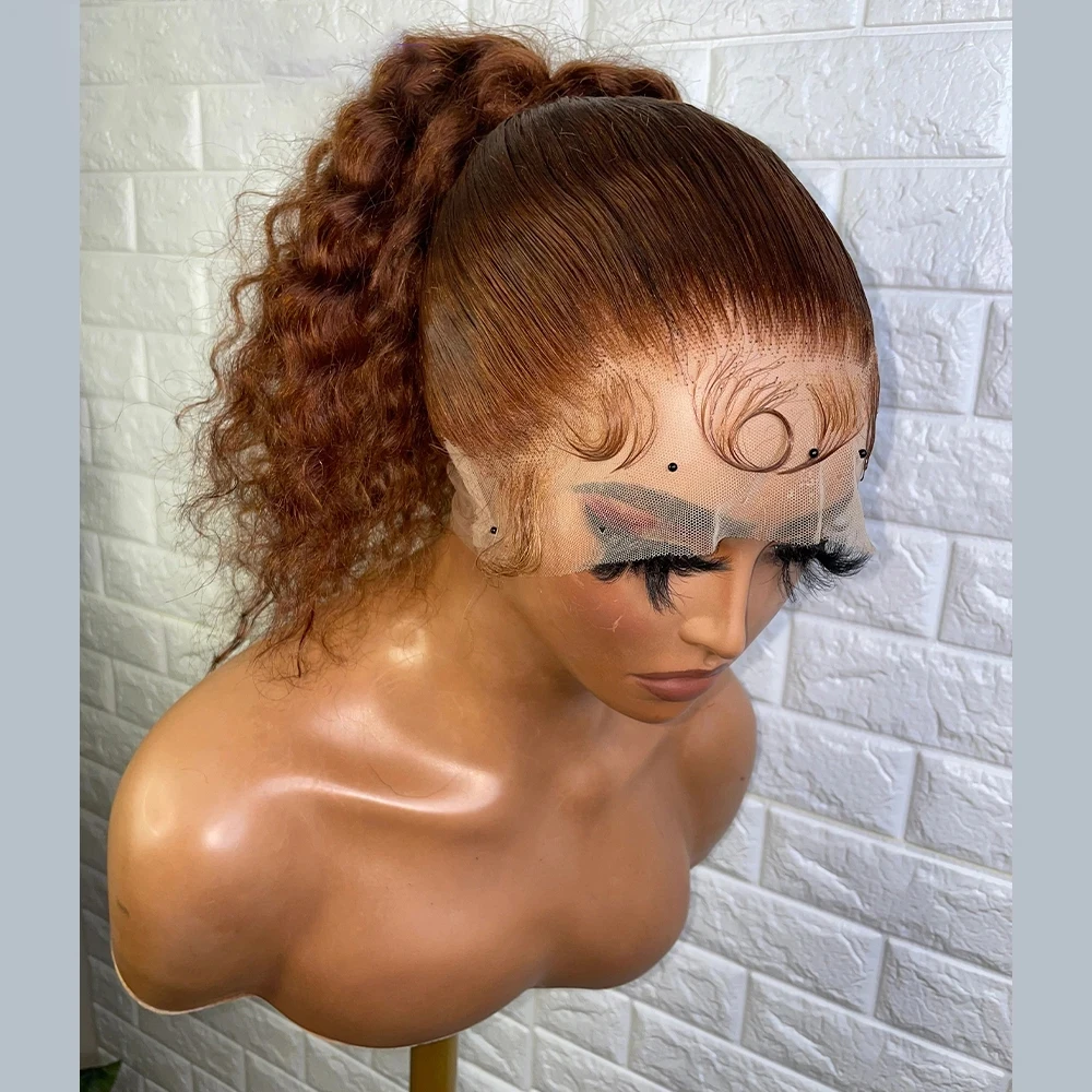 Glueless Ginger Brown Kinky Curly Synthetic Lace Front Wig With Baby Hair Preplucked Long 180%Density Heat Temperature Daily