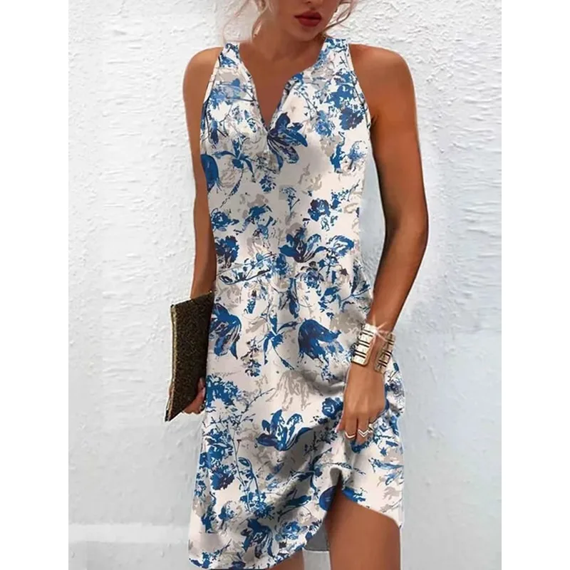 

Women Fashion Sleeveless Midi Dress Summer Elegant Sweet Mid-calf Sundress Femmel Vintage Flower Print Bohemian Dress Y2k Платье