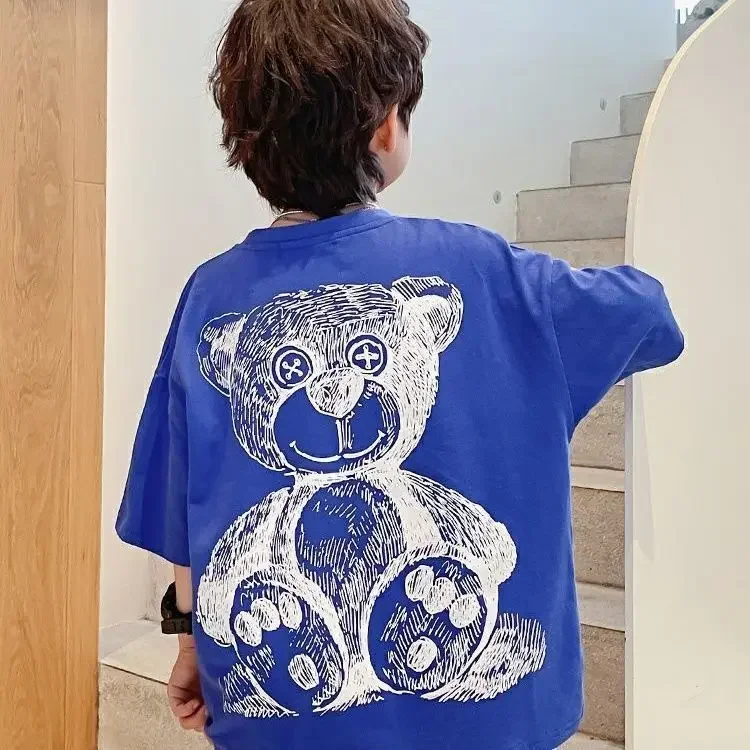 Boys Short-sleeved 2025 New Western Style Children's Big Printed Bear T-shirt Summer Middle-aged Children's Cotton T-shirt