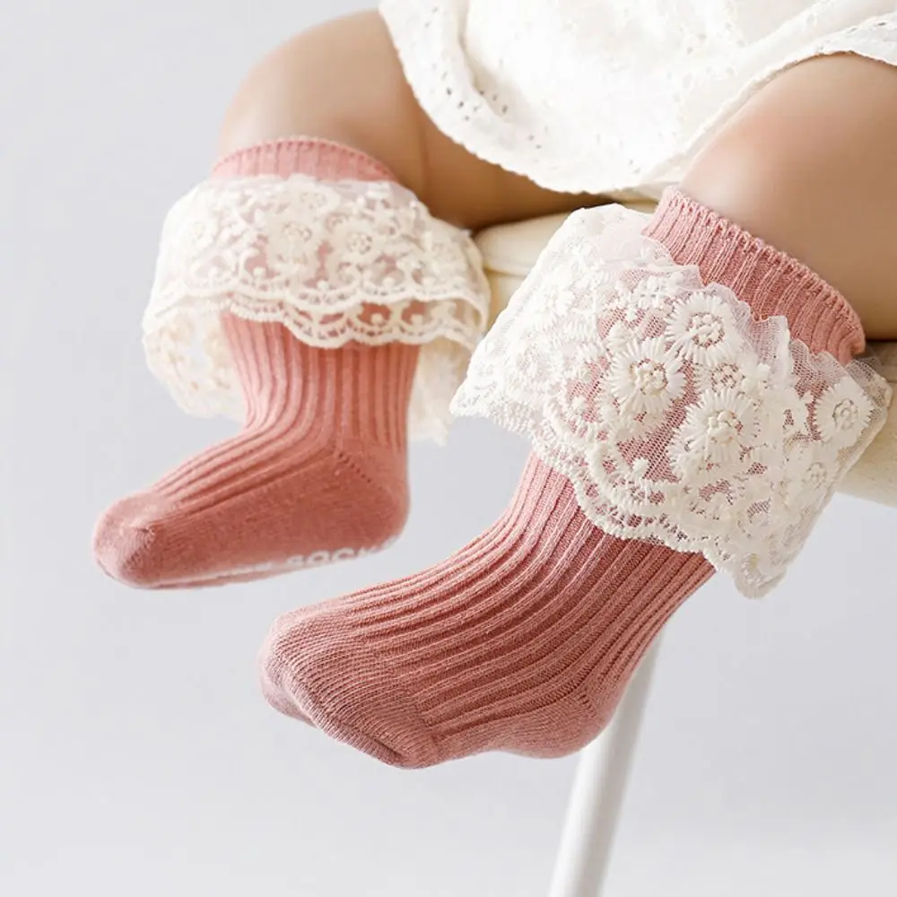 Combed Cotton Toddler Lace Trim Socks Multi-Color Non-Slip Princess Socks Breathable Infant Ruffle Socks Casual Wear
