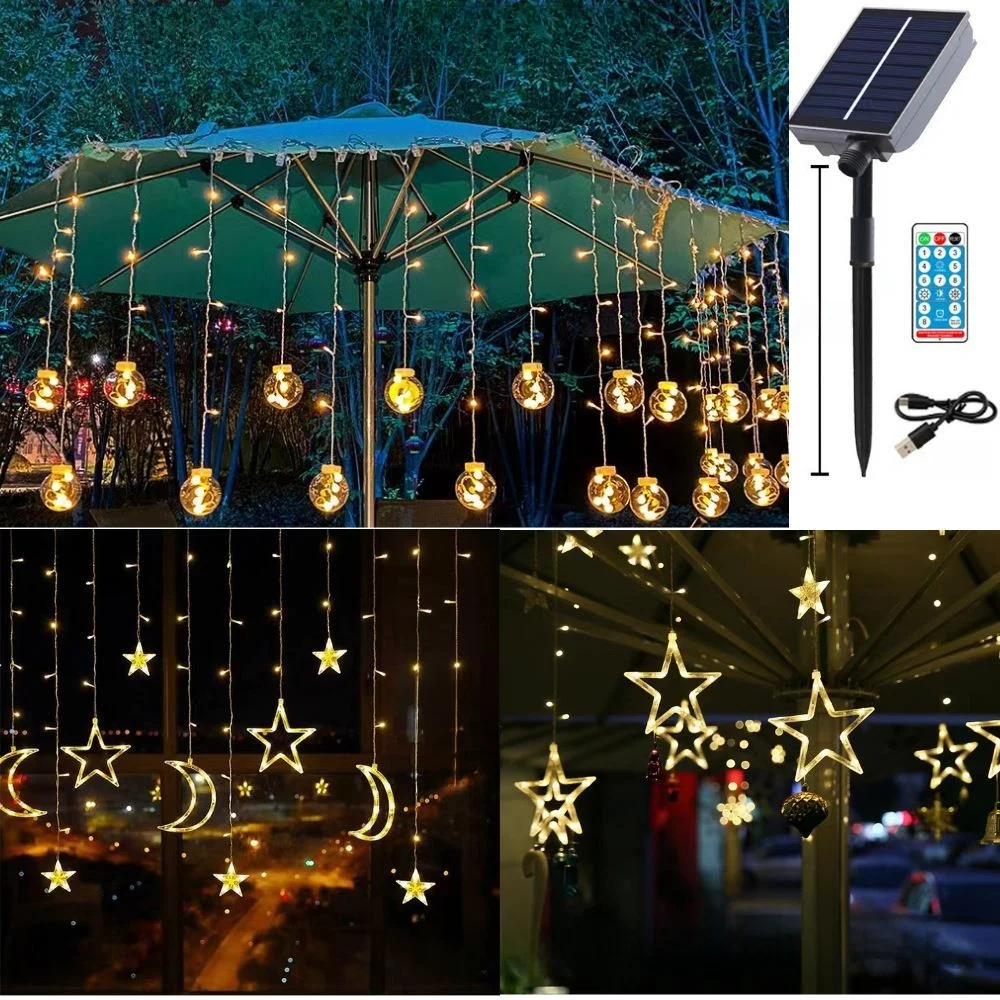 

Solar Powered Outdoor Waterproof Star Moon Curtain Lights Christmas Camping Courtyard Decorative String Lights